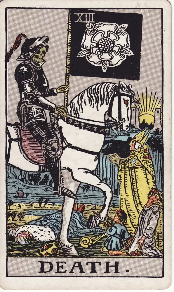 Karta tarota „Śmierć” z talii Rider–Waite–Smith.