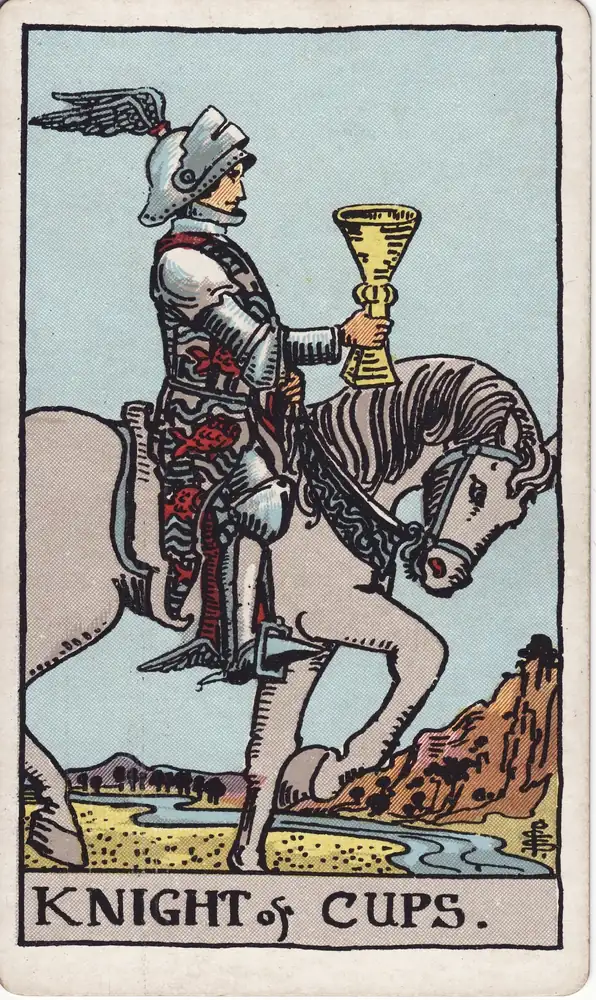 Karta tarota „Rycerz Kielichów” z talii Rider–Waite–Smith.