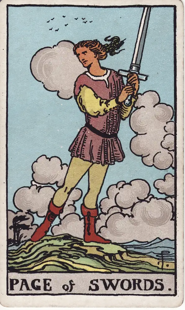 Karta tarota „Paź Mieczy” z talii Rider–Waite–Smith.