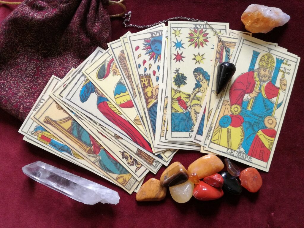 tarot, crystals, pendulum