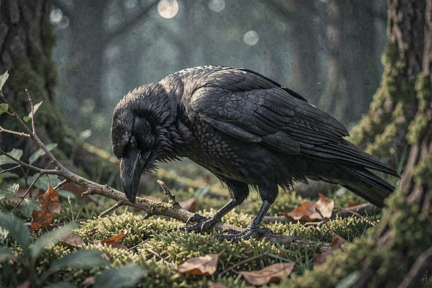 Kruk wśród leśnych gałęzi z ostrym spojrzeniem, ilustrujący jego naturalną inteligencję.