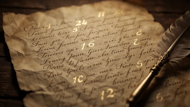 Ręczne obliczenia numerologiczne na starym pergaminie z piórem i złotymi cyframi w ciepłym świetle świec.