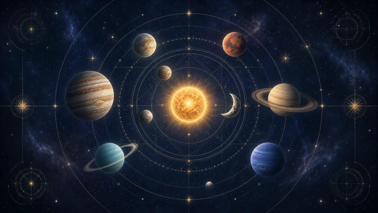 Planety Układu Słonecznego ułożone wokół subtelnego astrologicznego diagramu.