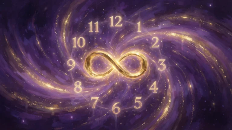 Złoty symbol nieskończoności otoczony świecącymi cyframi na fioletowym, mistycznym tle kosmicznym.
