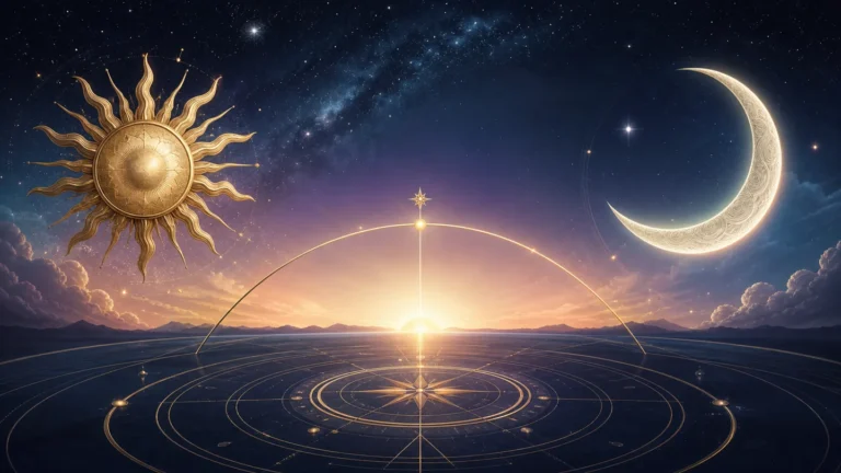 Słońce, półksiężyc i wschodzący horyzont jako symbole astrologicznej wielkiej trójki.