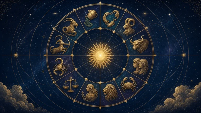 Koło dwunastu znaków zodiaku na tle nocnego nieba z delikatnymi złotymi symbolami.