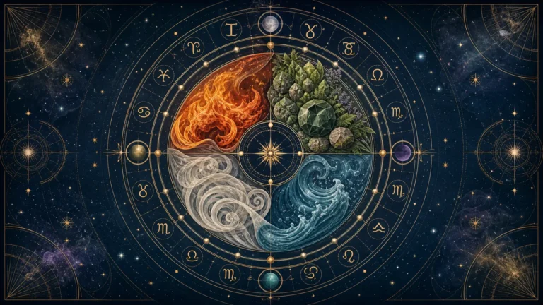 Cztery żywioły astrologiczne tworzące harmonijny krąg wokół symboli zodiaku.