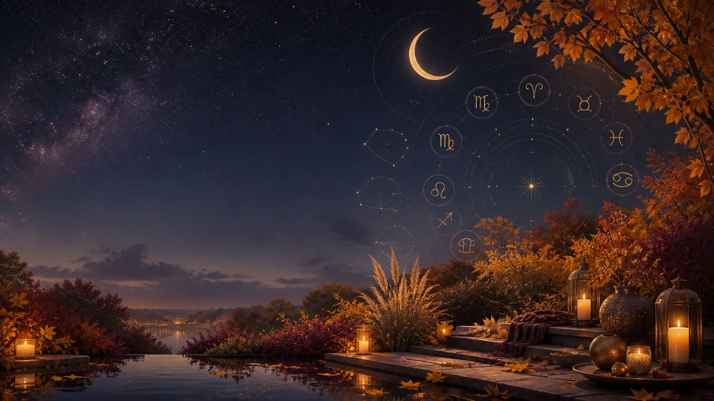 Jesienny krajobraz pod nocnym niebem z symbolami zodiaku