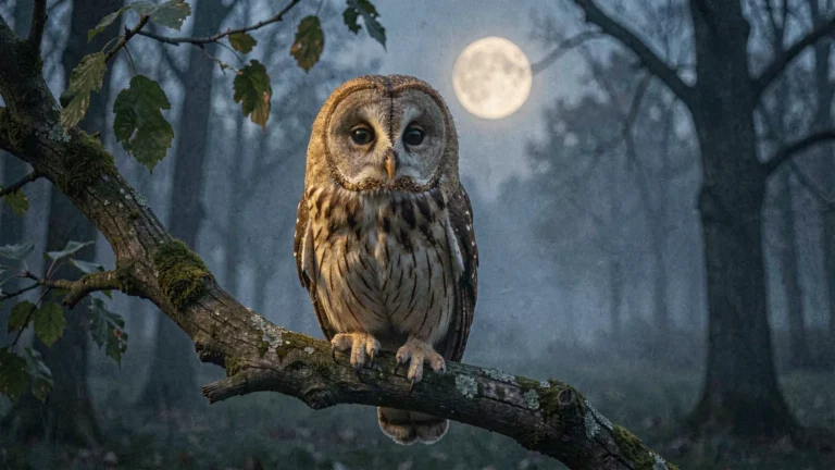 Sowa na konarze w mroku, otoczona mgłą i złotymi liniami symbolizującymi mądrość.