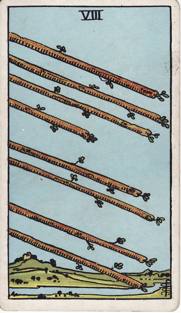 Karta tarota „Ósemka Buław tarot – znaczenie karty Eight of Wands” z talii Rider–Waite–Smith.