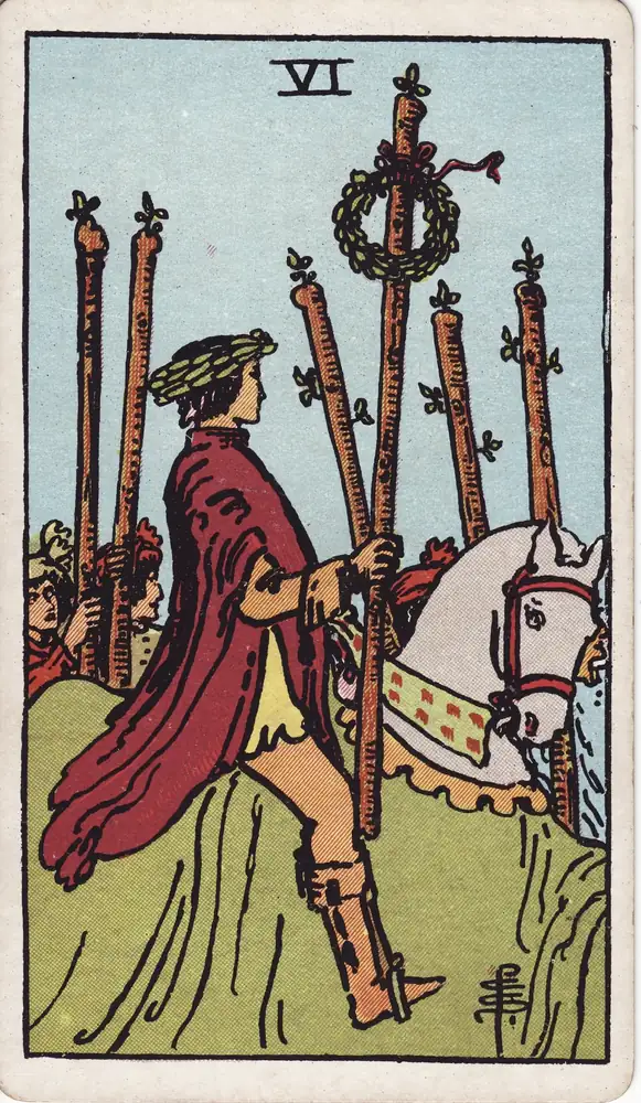 Karta tarota „Szóstka Buław tarot – znaczenie karty Six of Wands” z talii Rider–Waite–Smith.