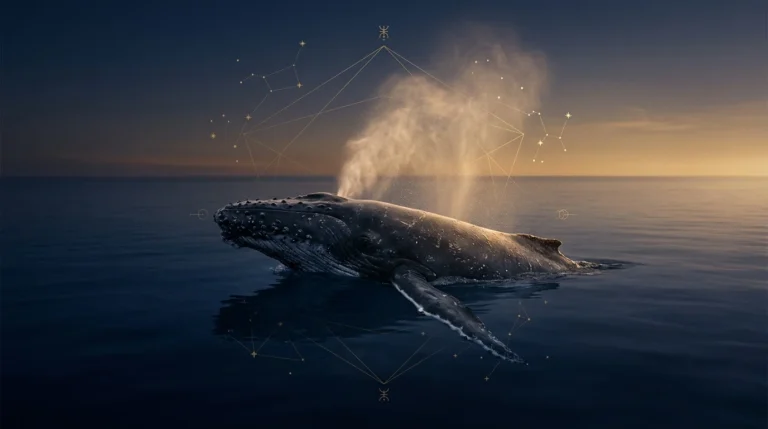 Majestatyczny wieloryb wynurzający się na powierzchni spokojnego oceanu o zmierzchu, otoczony subtelnymi złotymi liniami geometrycznymi symbolizującymi pradawną mądrość i pamięć głębin jako zwierzę mocy.