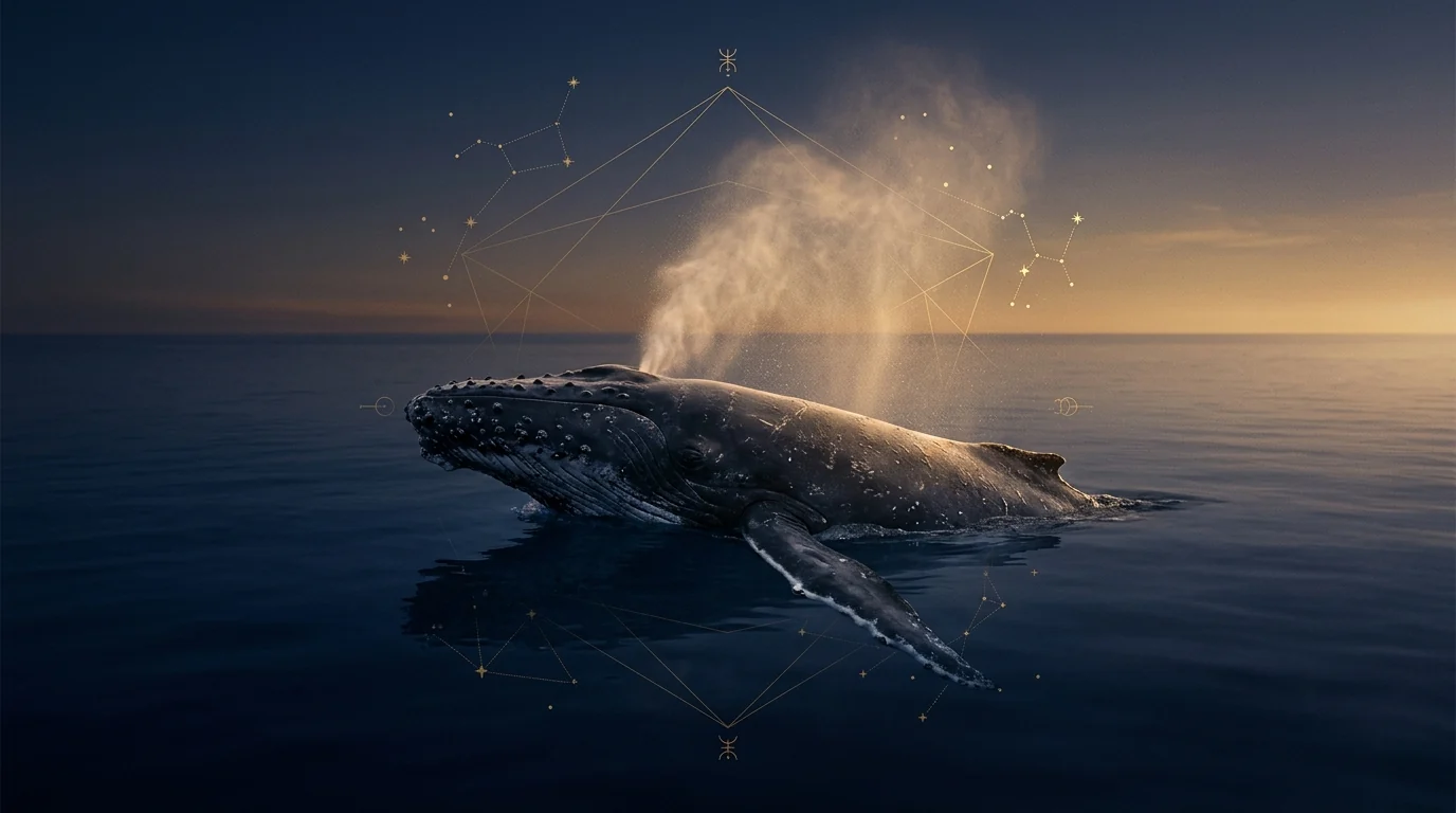 Majestatyczny wieloryb wynurzający się na powierzchni spokojnego oceanu o zmierzchu, otoczony subtelnymi złotymi liniami geometrycznymi symbolizującymi pradawną mądrość i pamięć głębin jako zwierzę mocy.