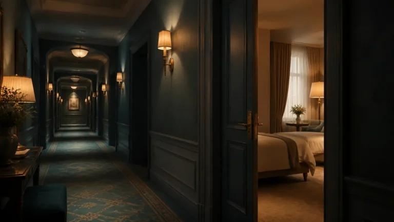 Elegancki hotelowy korytarz prowadzący do ciepło oświetlonego pokoju, symbol przejściowego etapu i prywatności.