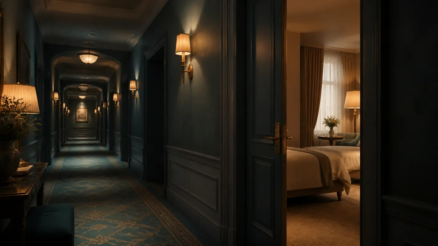 Elegancki hotelowy korytarz prowadzący do ciepło oświetlonego pokoju, symbol przejściowego etapu i prywatności.