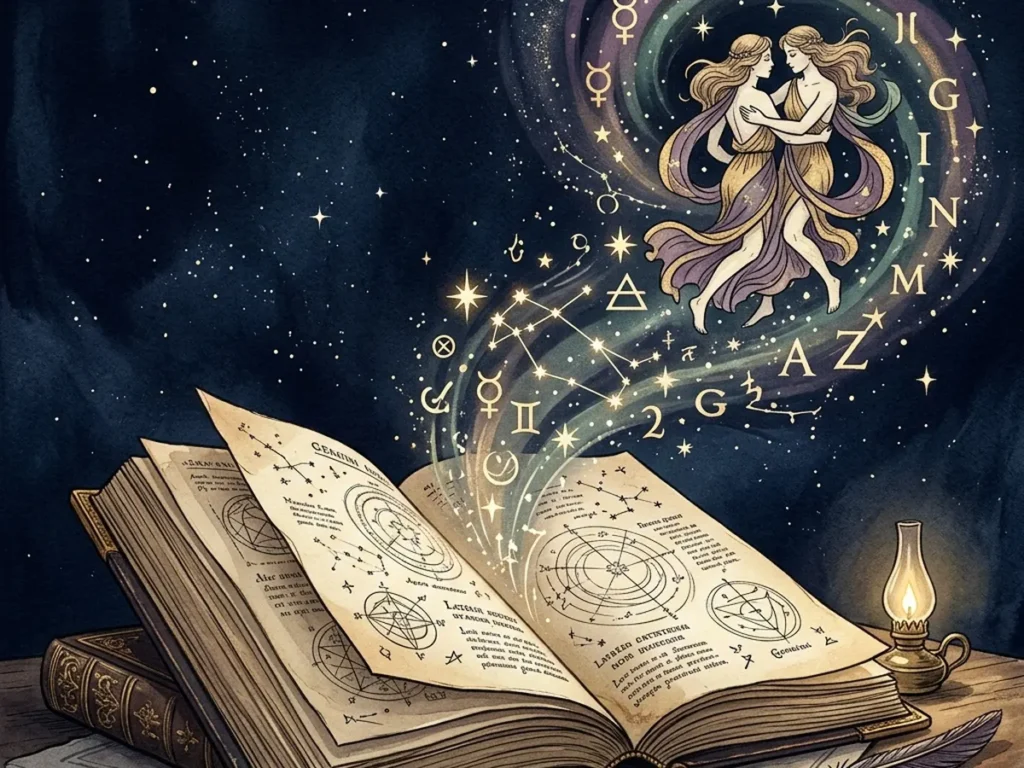 Otwarta zabytkowa książka, z której stron unoszą się świecące symbole astronomiczne i drobne gwiazdy.